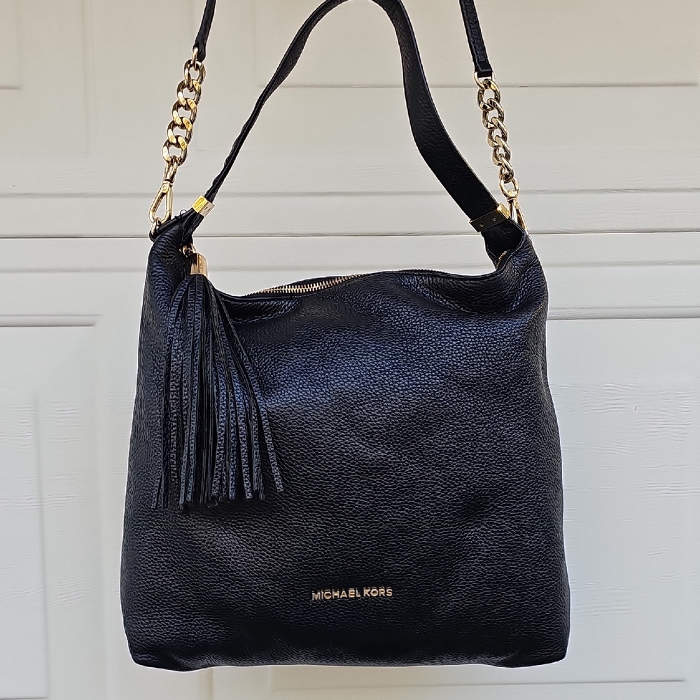 Michael Kors Black Pebbled Leather Shoulder Bag with Gold Chain